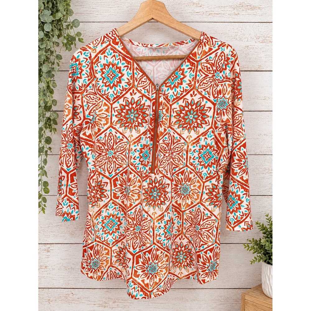 Belle by Kim Gravel Top Women Medium Orange Geometric 3/4 Sleeve Zip Neck